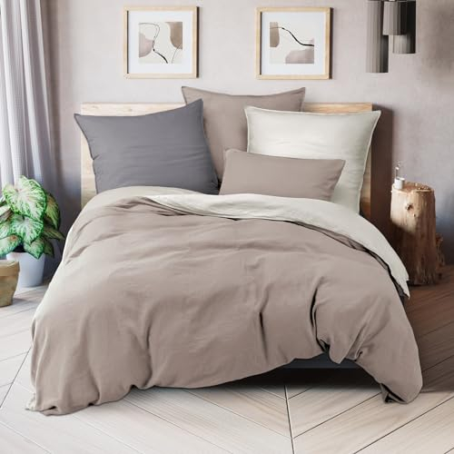 Pure Label Halbleinen Bettwäsche 135x200 cm mit Kissenbezug 40x80 cm in Taupe - Bügelfreie Bettwäsche Sets 135 x 200 aus belgischem Leinen und feinster Baumwolle