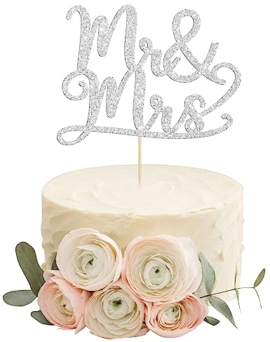 Gyufise 1Pcs Silver Glitter Mr Mrs Cake Topper Love Mr Mrs Cake Decoration Wedding Cucpake Toppers Bridal Shower Cake Decorations Party Supplies