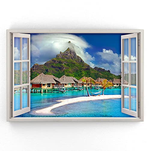 Estika - Leinwand Bilder Fensterblick - Meer, Palme, Berge - 120x80 cm - 1 teilige Wandbilder, Bild auf Leinwand, Modern Deko für wohnzimmer schlafzimmer - Natur Landschafts bilder - 5970A_1B