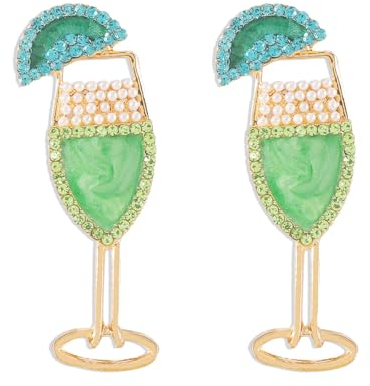 Handmade Champagne Martini Wine Glass Dangle Earrings Shiny Rhinestones Crystal Pearl Beaded Drop Earrings Charming Cocktail Glass Lovely Pencil Rugby Earrings for Women Girls, Metal, not known