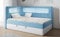 MKS MEBLE Kinderbett mit Led, Boxspringbett 90x200 mit Led, Einzelbett 90x200 mit Bettkasten und Topper, Kinderbett 90x200 mit Matratze und Stauraum - Gold 3 Junior - Blau und Weiß - Links