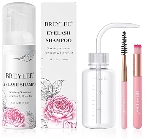 BREYLEE BREYLEE Wimpernshampoo, 60-ml-Spülflasche, Stabbürste, Wimpernverlängerungsreiniger, Wimpernreiniger für Verlängerungen, Wimpernwäsche, Wimpernbad, Wimpernreiniger, frei von Parabenen und Sulf