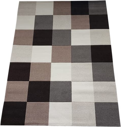 oKu-Tex Wollteppich Teppich 100% Schurwolle, Karo Muster, Schachbrett, Braun Beige, Wohnzimmerteppich, gemütlich weich, 160 x 230 cm