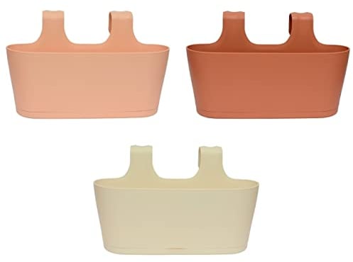 ENGELLAND 3 x Blumenkasten zum Auf-Hängen, Farbmix: Apricot, Rotbraun, Beige, Blumentopf, oval, Balkon, Übertopf, Pflanzkasten, mit Wasserspeicher/Wasserauffangschale