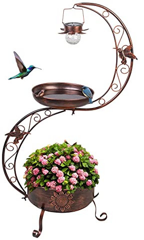 VEWOGARDEN S Bain d'oiseaux en métal avec Lampe Solaire Vintage pour Oiseaux avec Pot de Fleurs (91,4 x 49,8 cm (H x l)