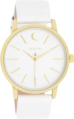 Oozoo Timepieces Damen Uhr in Weiß Gold| Armbanduhr Damen mit Lederarmband | Hochwertige Uhr für Frauen| Edle Analog Damenuhr in rund C11156