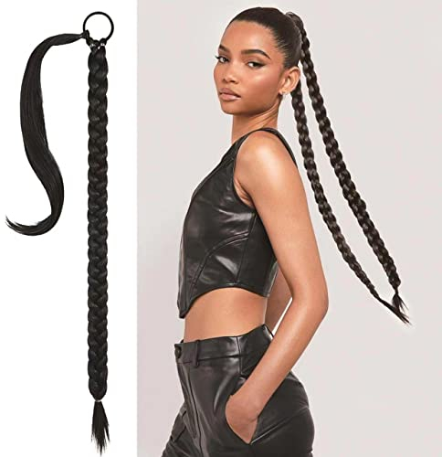 Einflechten Lang Ponytail, Braid Extensions Ponytail Extension, Zopf Extension mit Haargummi, 85CM Braid Extensions Pferdeschwanz, Kunsthaar für Frauen, Geflochtener Zopf Haarteil (Schwarz)