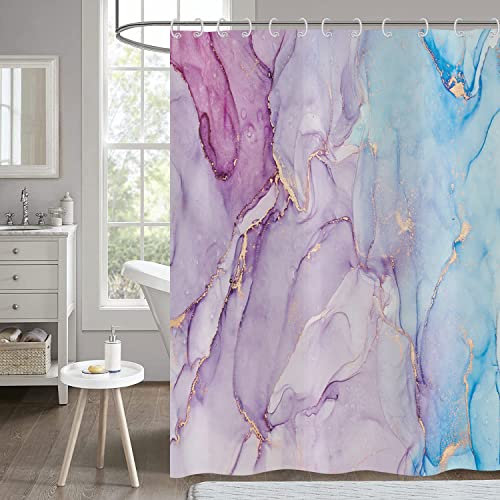 Hnmdmyi Rideau de Douche Marbre Lilas 180x200, Bleu Or Scintillant Abstrait Moderne Luxe Aquarelle Encre Art Baignoire Imperméable Polyester Tissu Lavable