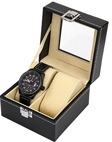 MengH-SHOP Uhrenaufbewahrungsbox PU Leder Uhrbox Aufbewahrungsbox 2 Fächern Uhrenkasten mit Glasdeckel zur Aufbewahrung und Präsentation