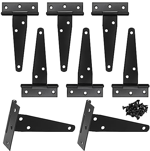 CHEUKYIU 8 Stück 4 Zoll Schwarz T Riemen Scharnier, T-förmige Scharniere mit 48 Schrauben, Metall Eisen Türscharniere Gartentor, Scharniere Schwerlast für Zaun, Schränke Türen, Gartentore Fenster