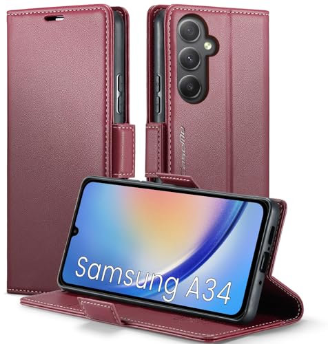 XYGLOW Handyhülle für Samsung Galaxy A34 5G Hülle Premium Leder Klappbar Kartenfach Magnet Standfunktion RFID Schutzhülle für Samsung A34 5G Flip Case Wallet Klapphülle Lederhülle Wein Rot 6,6 Zoll