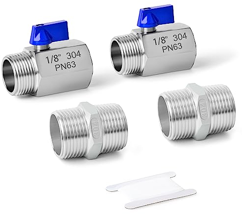 ERGAOBOY 2 Stück 1/8 BSP Innengewinde x 1/8 BSP Außengewinde Hochleistungskugelhahn aus Edelstahl 304 mit 2 Stück 1/8 SUS 304 Hex-Nippel-Anschluss