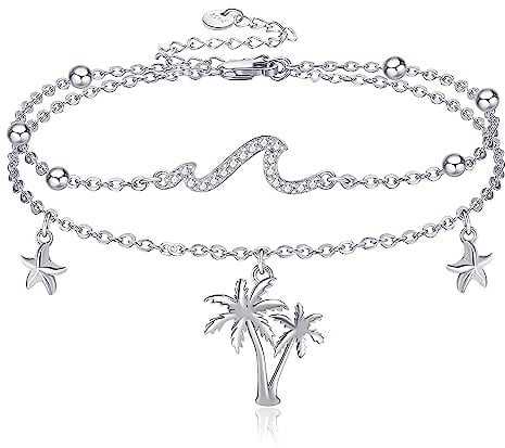CUPENDA Wave Anklet for Women Sterling Silver Palm Tree Starfish Layered Ocean Beach Jewellery for Women