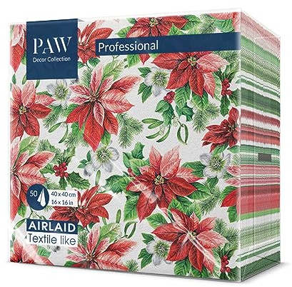 PAW - Airlaid Servietten (40 x 40 cm) I 50 Stück I Perfekt für Weihnachten, Winter, Feiertage I Heiligabend Tischdekoration I Airlaid-Servietten Stoffähnlich - Ruhm Weihnachtsstern I Glory Poinsettia