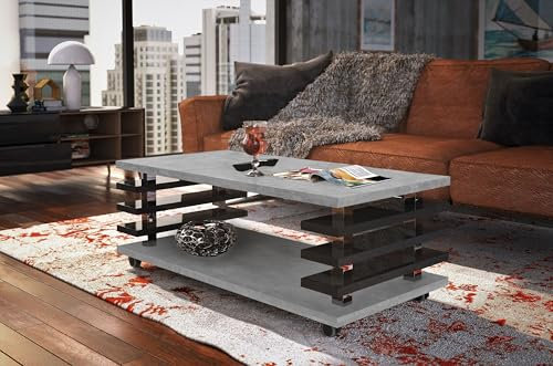 DC-3 Couchtisch Beton/Schwarz Hochglanz 120x60cm mit Ablage modern stabil vielseitig Wohnzimmertisch Beistelltisch Sofatisch Zeitloses Design platzsparend robust Wohnzimmer mit Rollen
