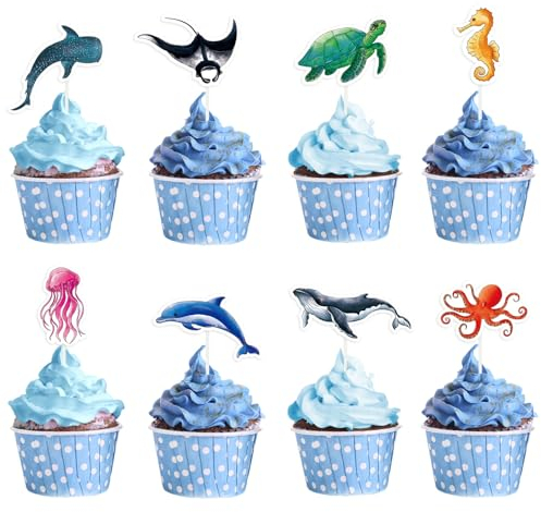 WERNNSAI 32 Stück Ozean Cupcake Toppers – Geburtstagsparty Kuchendekorationen Kinder unter dem Meer Party Tortendeko Meerestiere Kuchen Dekoration Shark Hai Muffin Deko Geburtstagsdeko Zubehör Blau