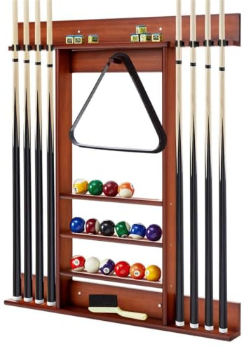 SPOTRAVEL Billiards Pool Cue Rack, Wall Mounted Cue Rack Stand with 3 Tiers Ball Slots & 8 Clips, Billiard Pool Table Accessories for Club (Brown)