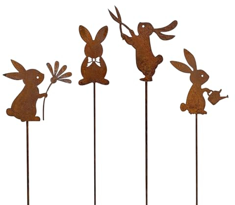 Ostergarten Pfahl Rost Osterhasen Figuren,Dekorativer Steckgarten Deko Osterhasen Metall,Ostern Happy Bunny Dekorative Figur Stubs Dekoration,Außendekoration Skulptur Eisen Kunst Osterdekorati (4pcs)