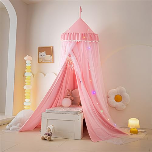 Odot Betthimmel Babybett Mädchen Jungen Doppelschicht Himmelbett Vorhänge Kinder Baldachin Kinderzimmer Rund Hängende Princess Moskitonetz für Schlafzimmer Babyzimmer Dekoration (Rosa)