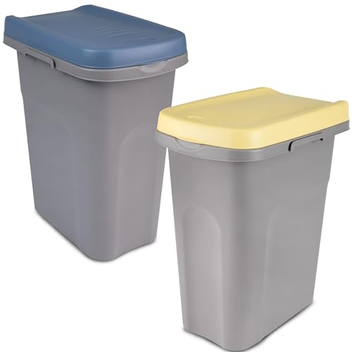 Lot de 2 poubelles de cuisine de 15 l - Jaune et bleu - 2 compartiments - Système de tri sélectif - Poubelle de cuisine - Poubelle de cuisine - Poubelle à fumier - Sac jaune - Petite poubelle avec