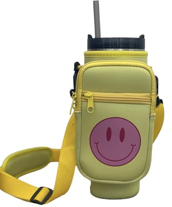 Hi Honey Gelber Smiley-Wasserflaschenhalter mit verstellbarem Riemen für Stanley 30/1,134.0 g Tumbler mit Griff, Neopren-Geldbörse für Handy, Schlüssel und Karten, Stanley und Tumbler Zubehör