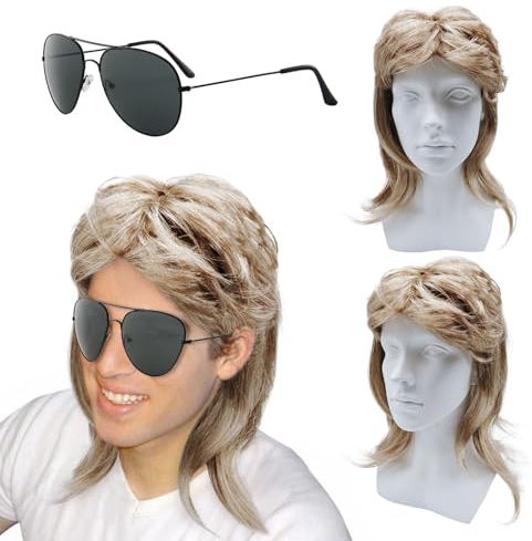 XNIVUIS Herren Vokuhila Perücke Männer Blonde Vokuhila 80er Mullet, Lang Synthetische Haare Cosplay Halloween Kostüm Party, 70er 80er Kostüm (2 Pcs)