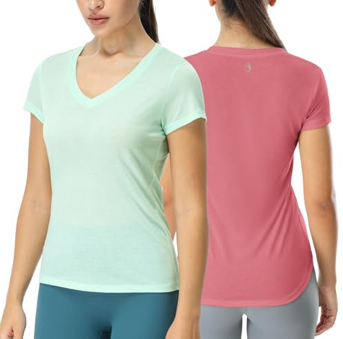 icyzone Damen T-Shirt Kurzarm V-Ausschnitt Yoga Tops Casual Sport Shirt, 2er Pack (XL, Aqua/Velvet Dust)