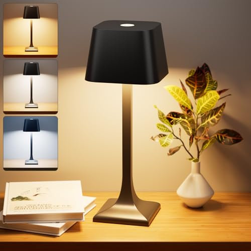 Nulmvic LED Tischlampe Kabellos Dimmbar Touch - 3 Farbtemperatur 5200mAh Akku Tischlampe Aufladbar mit USB C - Aluminium IP54 Wasserdicht für Drinnen Draußen Nachttisch Esstisch Schreibtisch (Schwarz)