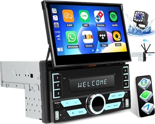 OiLiehu Double Din Car Stereo with Wireless CarPlay Android Auto, 7 Automatic Retractable Touchscreen, 2 Din Radio with Mirror Link, Bluetooth, USB, AUX, EQ, Type-C, FM Radio, SWC, Backup Camera