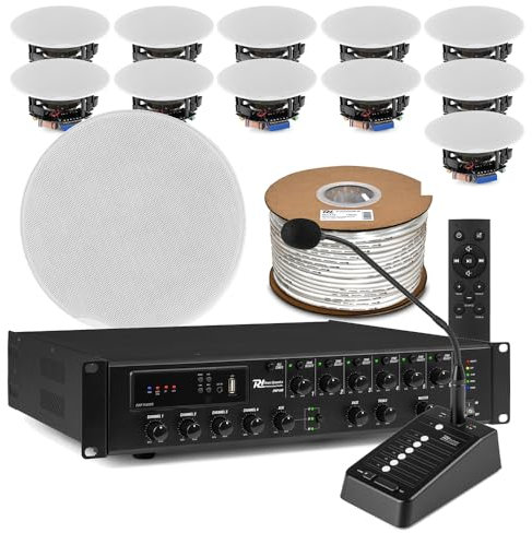 Power Dynamics 12x 6.5'' Ceiling Speaker System with 6-Zone Amp, Paging Mic & Bluetooth - Commercial Multi Room Ceiling Speakers and Amplifier for Offices, Retail & Hospitality - White Grilles, 480W