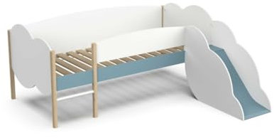 Cama Infantil con TOBOGAN Kumi, Blanco/Azul/Natural, 206 x 183 x 85 cm, Cama Infantil con tobogán