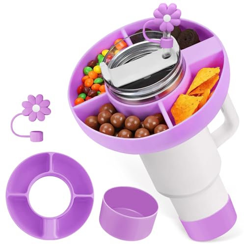 xdg Stanley Cup Snack Tray 40 oz, Reusable Silicone Stanley Snack Tray with Bottom & Straw Cover caps, 4 Compartments Fits H2.0 Cup for Candy, Nuts, Snacks - (Purple)
