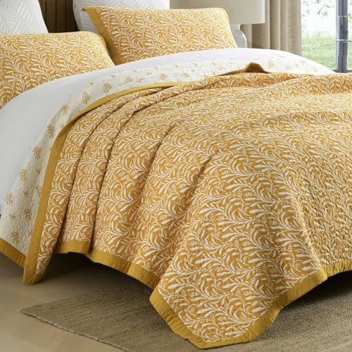 SahSahCasa 100% Cotton Quilt Set King Size, Reversible Botanical Quilted Bedspread Bedding Set Lightweight Comforter, 3pcs, Yellow