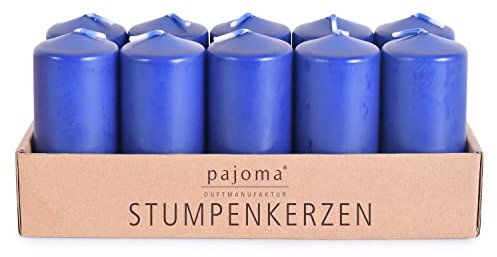 pajoma® Stumpenkerzen 10 Stück, Blau | Ø 4 x 9 cm | Brenndauer: ca. 9 Stunden | Hochwertiges Paraffin & Baumwolldocht | ideal für Gastronomie, Hotels, Kirchen & Feierlichkeiten