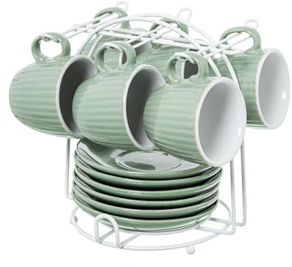 DRW Set de 6 Tazas y Soporte de Porcelana y Metal en Verde Menta 6.5x5.5x6.5 cm