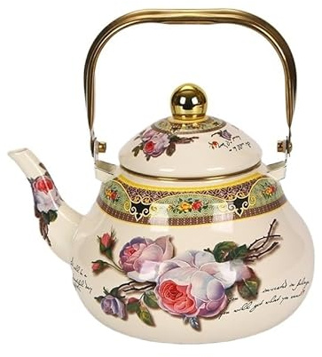 XYUERU Enamel Teapots, Vintage With Floral Antique Coffee Pot Kettle Induction Kettle Whistling Tea Kettle On The Stove Hot Water Kettle for Induction, Gas Stove Wood Stove(2.5L)