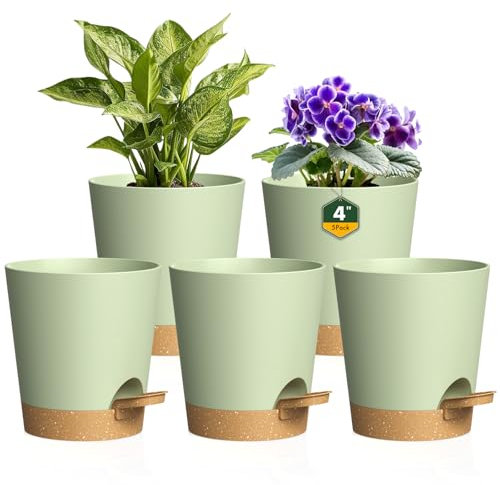 10cm Self Watering Plant Pots, 5 Pack Plastic Self Watering Planter with Drainage Holes & Saucer, Ideal for All Indoor Outdoor House Flowers and Plants(Green With Brown Drainage)