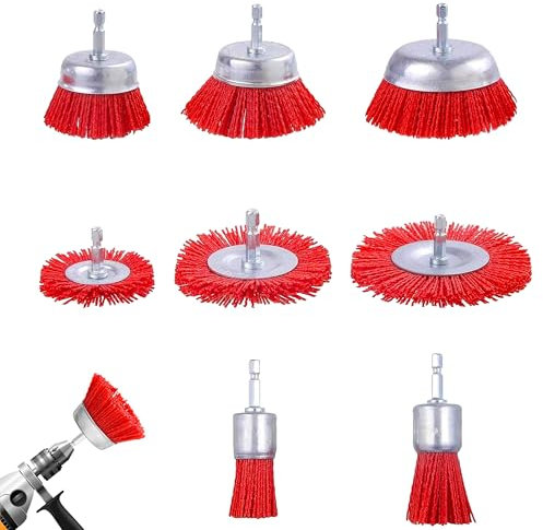 8 Stück Nylonbürste Bohrmaschine Set: Nylonbürste mit 1/4 Zoll Sechskantschaft & Nylon Topfbürste für Winkelschleifer und Akkuschrauber für Reinigung und Entgraten auf Metall Holz Stein