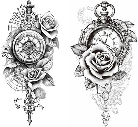 Lot de 2 feuilles de tatouage temporaire rose et horloge Tatouage Fleurs Tatouage Faux Tatouage Roses T066 73