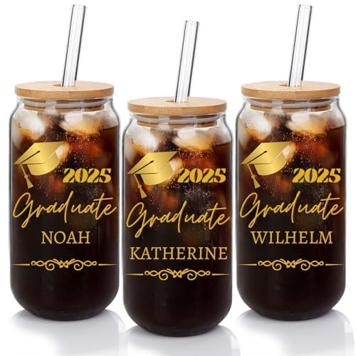 Personalised Tumbler with Straw and Lid-18OZ Glass Tumbler with Name for Graduation-Personalised Graduation Gifts for Daughter Son