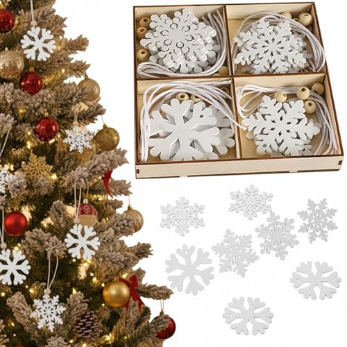24 Schneeflocken-Anhänger in Weiß, Weißer Christbaumschmuck aus Holz, 6 cm