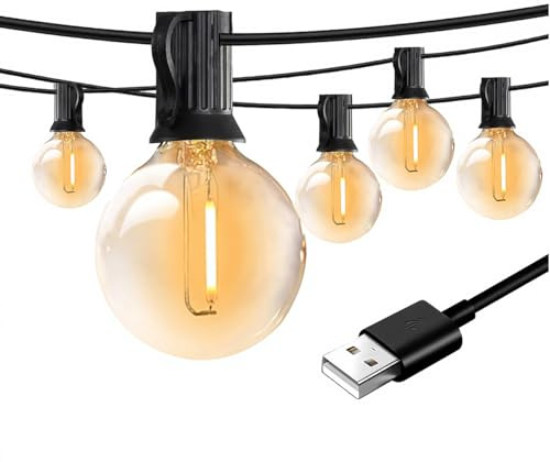 FOROUREYES 15M USB LED Lichterkette Outdoor, 5V G40 Bruchsichere Kunststoff Glühbirnen, Wasserdicht IP44 Patio Fairy Lichterkette für Garten, Hochzeit, Camping & Party Dekoration