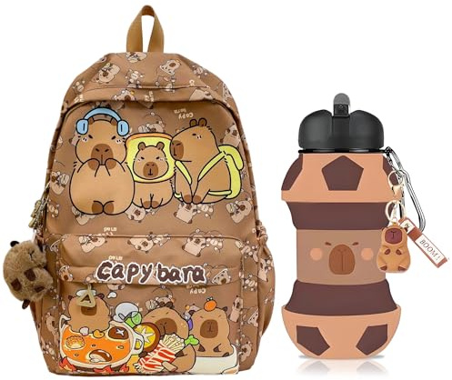 Adorable Capybara Backpack Set – Collapsible BPA-Free Water Bottle | 4-in-1 Cute School Bookbag Water Bottle (550ml) Plush Toy Keychain – Perfect Kawaii Gift for Boys, Girls & Capybara Lovers