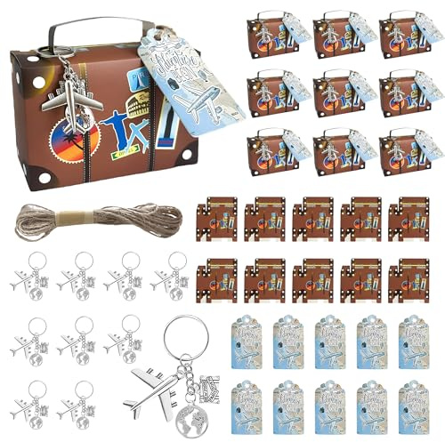 HAOBIN 10er Flugzeug Schlüsselanhänger Mini Koffer Karton Reisethema Tag | Gastgeschenke für Taufe und Kommunion und Hochzeit und Partys, mit Hanfseil und Reisethema Tag im Mini Koffer Karton