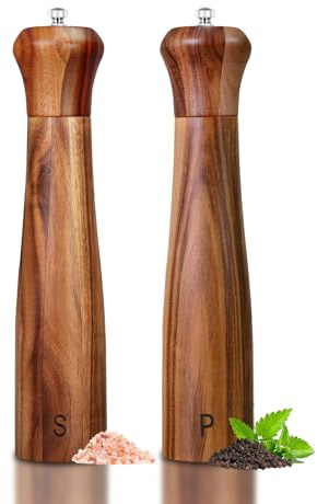 Salz und Pfeffermühle Holz Set, 25,5 cm Pfeffer und Salzmühle 2er Set aus Akazienholz, Gewürzmühle Mühlenset Nachfüllbar Mühle für Salz und Pfeffer mit Keramikmahlwerk Einstellbarem Feinheit