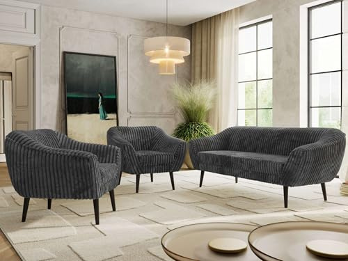 MKS MEBLE Sofagarnitur PIRS 3 + 1 + 1 - Couchgarnitur im skandinavischen Design, Gesteppte Polsterung, Wellenfederung, Wohnzimmer Sofa Set - Schwarze Beine, Dunkelgrau Cord