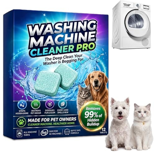 Enzyme Washing Machine Cleaner Tablets, Pet Hair Remover for Washer Drum, Limescale Descaler for HE Front and Top Load Washers, Odour Elimination, 12 Count (1 Pack, One Size)