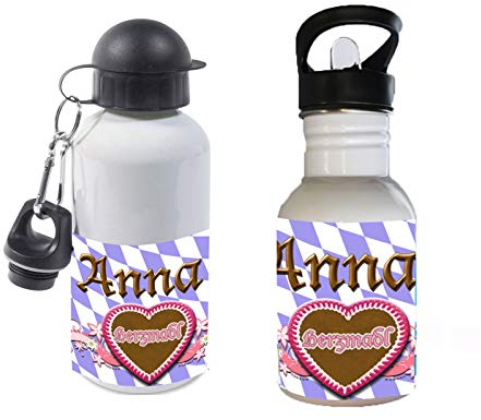 Trinkflasche mit Name/wahlweise 400ml, 500ml oder 600ml + Schriftwahl für Name + Edelstahl oder Aluminium (Herzmadl)