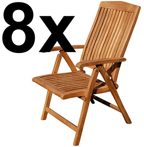 ALEOS. Teak Design Hochlehner Gartensessel Gartenstuhl Sessel Holzsessel Klappsessel Gartenmöbel Holz sehr robust 7fach-verstellbar Modell: Tobago, Größe:8 Stück