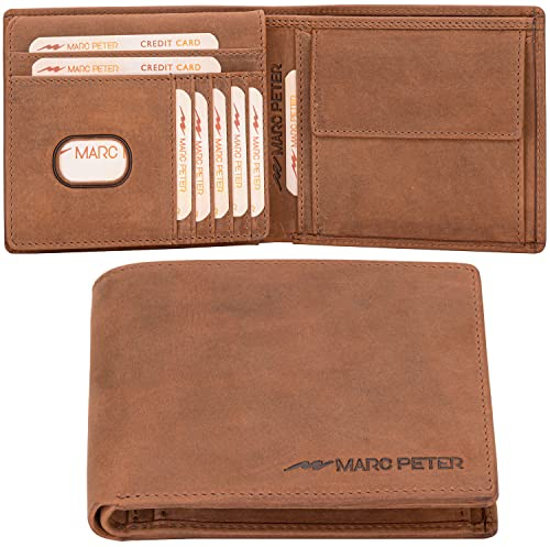 Marc Peter® Echt-Leder Geldbörse Hanover | Geldbeutel für Herren mit RFID-Schutz | Groß 14 Fächer Portmonee | Vintage Bräune Portemonnaie XL